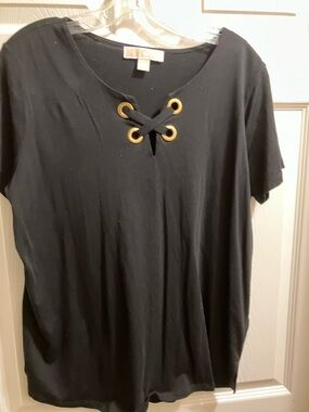 Michael Kors Black Short-Sleeve Lace-Up Top with Gold Eyelets